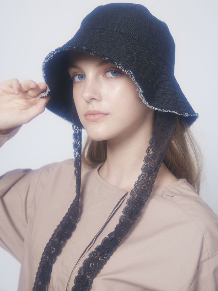 THE LACE RIBBON DENIM BUCKET HAT | Puff designs パフ 