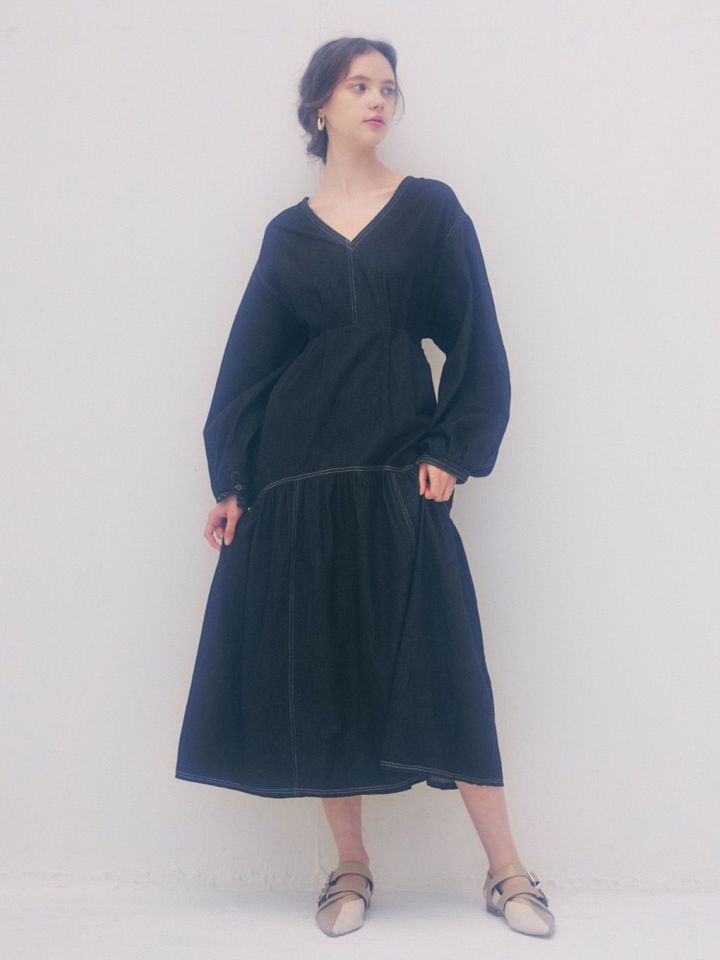 PRIVEVE/プリヴェヴェ/THE DENIM-LIKE V NECK FLARE DRESS-