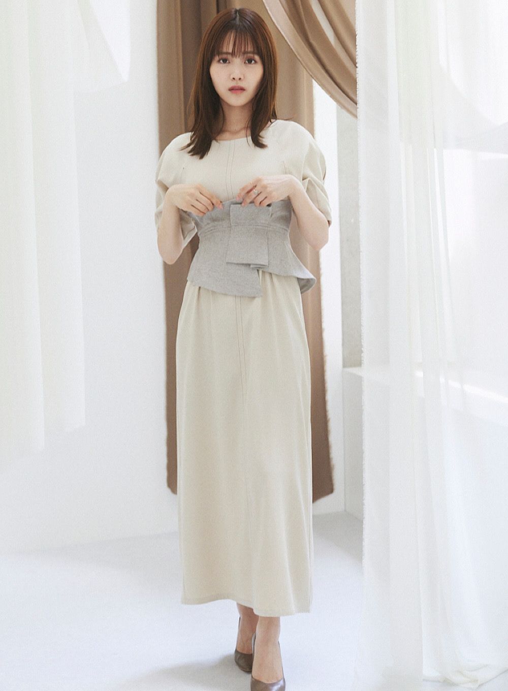 Belt Set Lantern Sleeve Dress