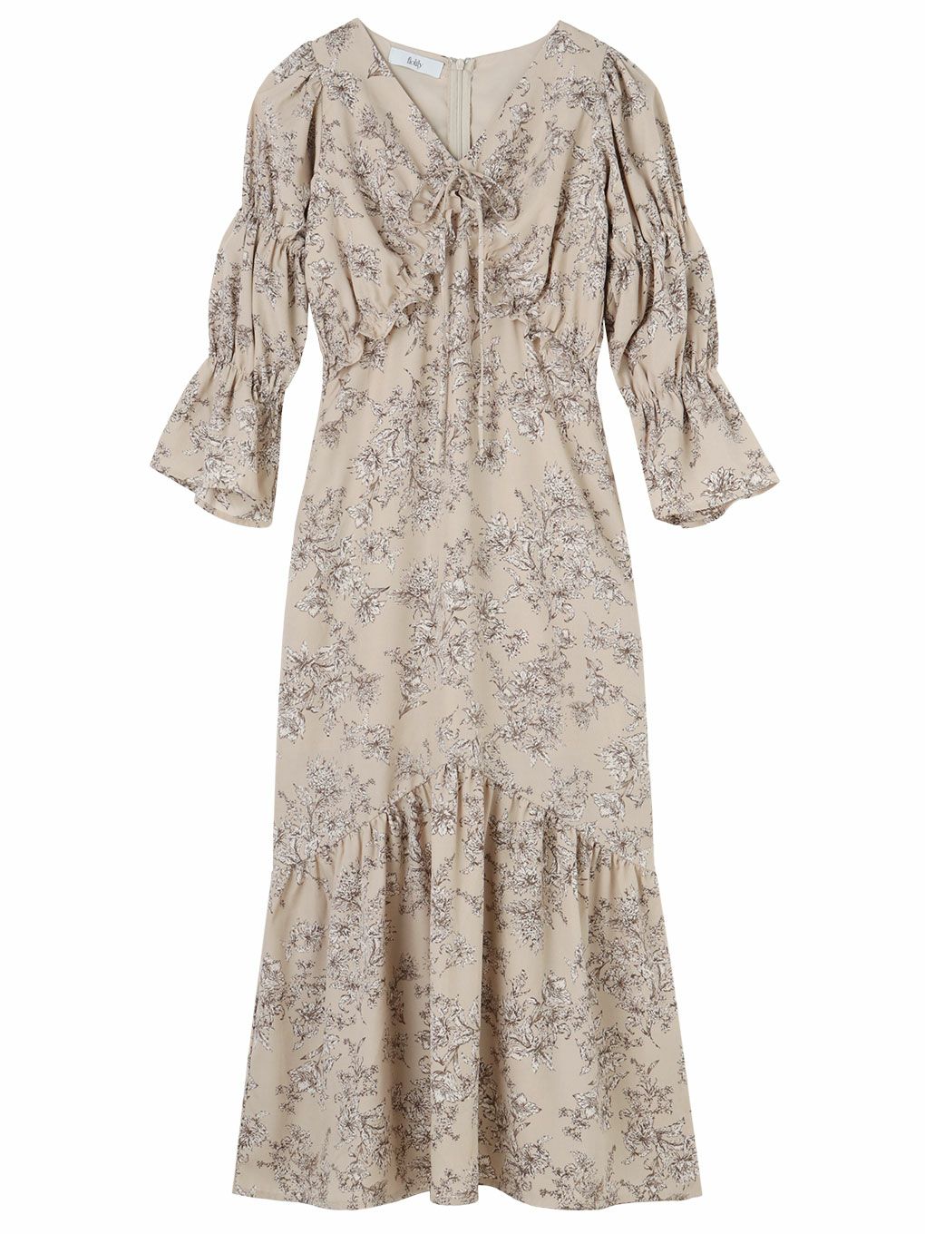 fiolily ボタニカルプリントラッフルヘムワンピース Botanical Print Ruffle Hem Dress | Puff designs パフデザインズ